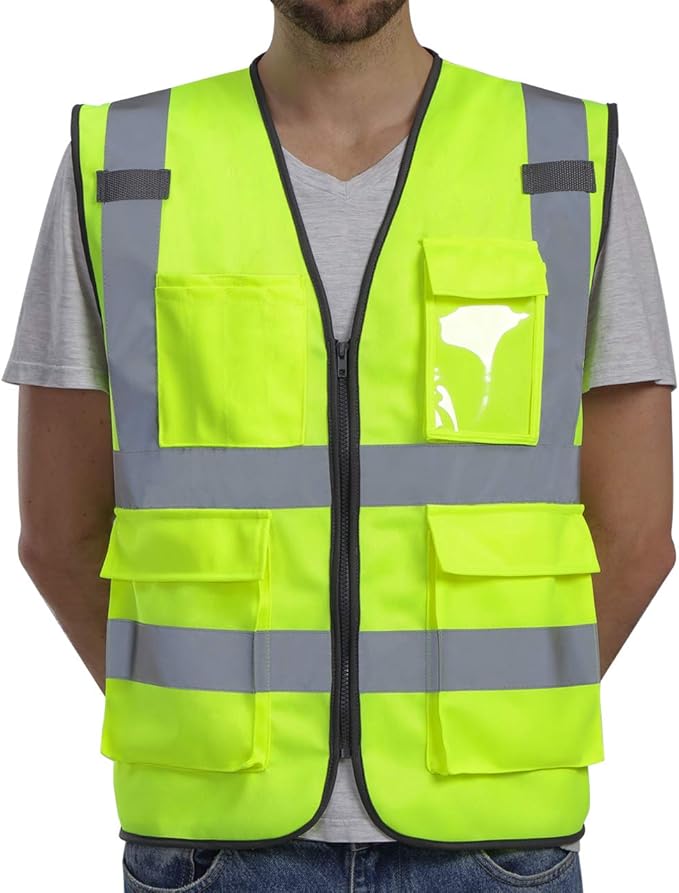 Dib Safety Vest Reflective ANSI Class 2, High Visibility Vest with Pockets and Zipper, Construction Work Vest Hi Vis Yellow 2XL