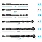 11-pc Masonry Drill Bits Carbide Concrete Drill Bit Set for Stone Tile Brick Ceramic Glass Metal Sheet Plastic and Wood, Quick Change 1/4" Hex Shank, Size 5/32” 3/16" 1/4" 5/16" 3/8" 1/2" with Case