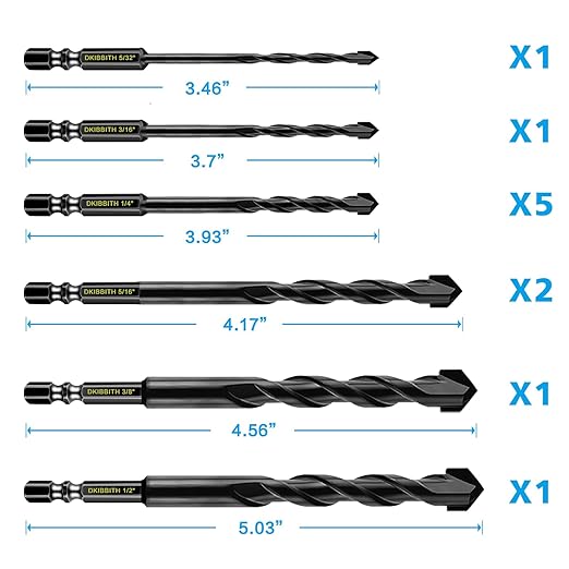 11-pc Masonry Drill Bits Carbide Concrete Drill Bit Set for Stone Tile Brick Ceramic Glass Metal Sheet Plastic and Wood, Quick Change 1/4" Hex Shank, Size 5/32” 3/16" 1/4" 5/16" 3/8" 1/2" with Case