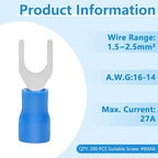 200 Pcs Insulated Fork Spade U-Type Wire Connectors, 16-14 AWG M4 Electrical Crimp Terminals, Stud Size #8 Size Blue Butt Connectors