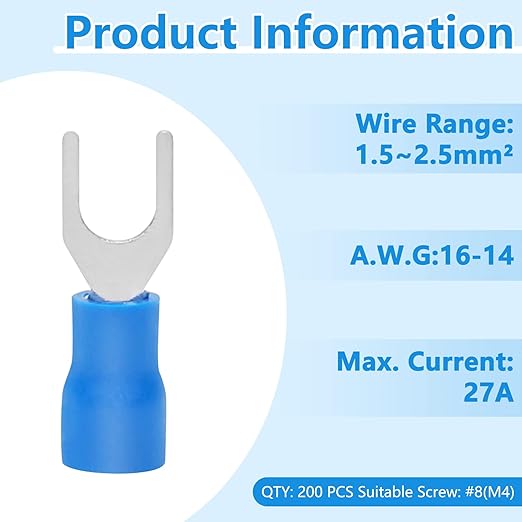 200 Pcs Insulated Fork Spade U-Type Wire Connectors, 16-14 AWG M4 Electrical Crimp Terminals, Stud Size #8 Size Blue Butt Connectors