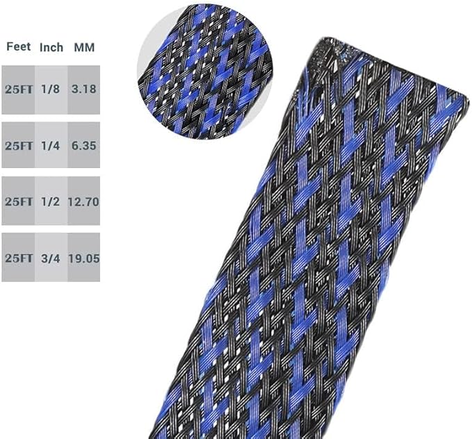 PET Expandable Braided Sleeving Wire Loom 1/8 Inch Cable Wrap Cable Sleeve Wire Protector Sleeve Tubing 25Feet, Blue&Black