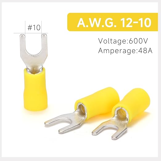 90PCS Fork Wire Connectors Insulated - Yellow 12-10 AWG M5 Stud Size #10 - U-Type Tinned Copper Spade Electrical Crimp PVC Terminals