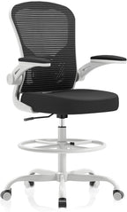 Ergonomic Drafting Chair, Tall Office Chair with Flip-up Armrests, Breathable Mesh High Desk Chair with Lumbar Support Adjustable Footrest Ring for Standing Desk Grey Black