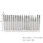 20pcs Solid Carbide Burr Set 0.118‘’（3mm）shank Tungsten Carbide Rotary Files Burrs with 3mm Cutting Head diameter Fits Most Rotary Drill Die Grinder for Woodworking,Engraving,Drilling,Carving
