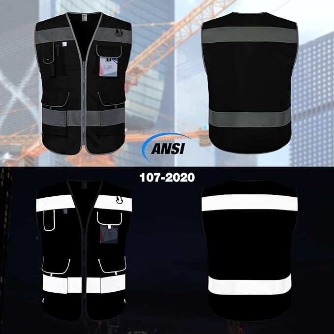 TCCFCCT Safety Vest for Men Women, 9 Pockets High Visibility Reflective Vest for Safety, Work Vest with Reflective Strips, Meets ANSI/ISEA Standards, (Black, X-Large)