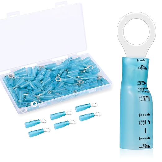 200 Pack Heat Shrink Ring Terminals - #10 - Blue 16-14 AWG Marine Grade Heat Shrink Wire Connectors - Tinned Red Copper Eyelet Wire Connectors