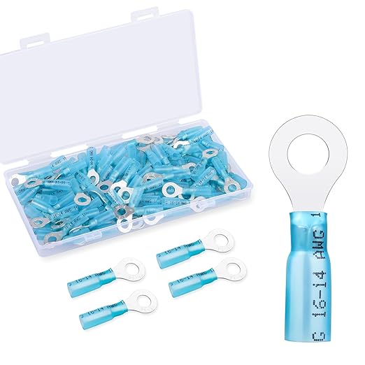 100 Pack Heat Shrink Ring Terminals - 1/4" - Blue 16-14 AWG Marine Grade Heat Shrink Wire Connectors - Tinned Red Copper Eyelet Wire Connectors