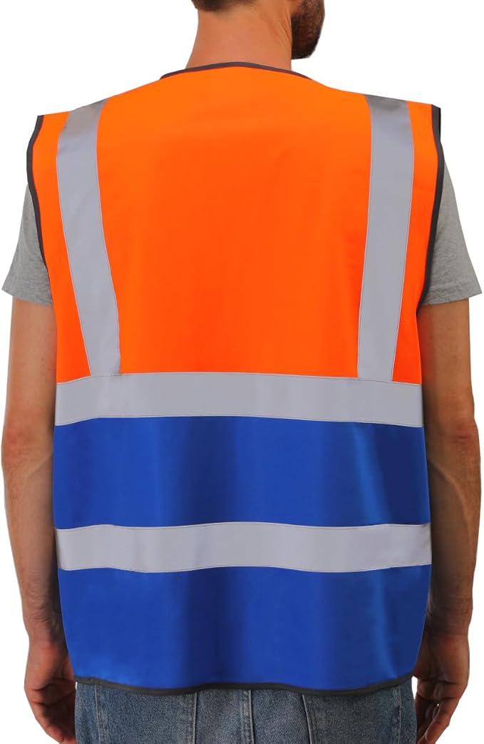 Dib Safety Reflective Vest High Visibility with Pockets and Zipper, Orange and Blue L