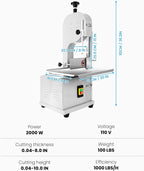2000W Commercial Bandsaw Machine, 20x16" Stainless Steel Worktable, Cuts 0.04-8" Thickness Electric Bone Saw Machine, Frozen Meat Cutter with 8 Blades Included, for Rib Pork Beef