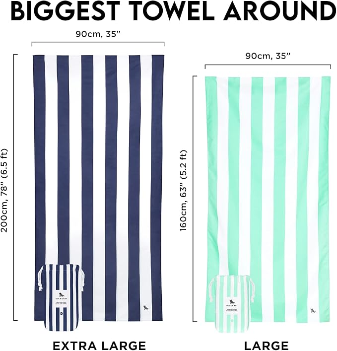 Dock & Bay Beach Towel - Quick Dry, Sand Free - Compact, Lightweight - 100% Recycled - Includes Bag - Cabana - Bondi Blue - Large (160x90cm, 63x35)