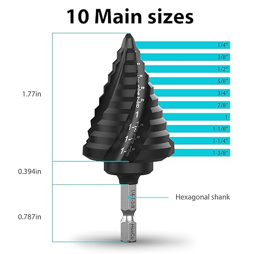 Cobalt Steel Step Drill Bit Set - Suitable for Metals, 1/4“ to 1-3/8” Specifications, Impact Step Drill bits with Titanium Coating and Aluminum Shell Professional Metal Drill bits