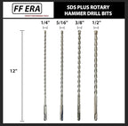 SDS Plus Drill Bits – 4pcs 12 Inch Masonry SDS Plus Drill Bit Set - Carbide Tipped - Rotary Hammer Drill Bits for Brick, Stone, Concrete (1/4” x 12”, 5/16” x 12”, 3/8” x 12”, 1/2” x 12”)