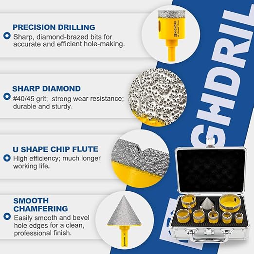 HIGHDRIL Diamond Drill Bits Kit with Triangle Shank for Porcelain Tile Ceramic Marble Brick Concrete Vacuum Brazed Hole Saw(6/8/10/20/25/28/32/35/45/65mm+50mm Hex Shank Chamfer Beveling Bit