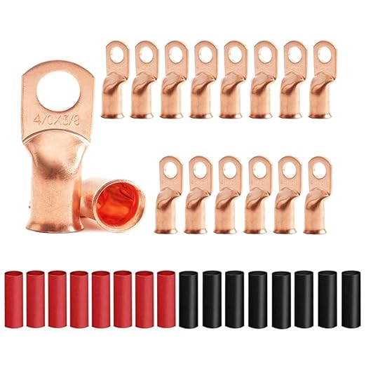16Pcs 4/0 AWG 3/8" Stud Heavy Duty Copper Wire Lugs with 16Pcs Heat Shrink Tubing 4/0 Gauge Ring Terminals Battery Cable Ends Bare Copper Eyelets Tubular Ring Terminal for Car Boat Marine