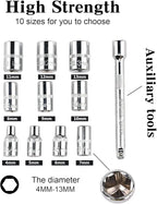Egofine 12pcs 1/4 Inch Mini Ratchet Socket Wrench Set, Drive Socket Set with 10 Sockets (4-13mm) and 2 Way Quick Released Ratchet Handle and Extension Bar