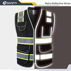 JKSafety 9 Pockets Hi-Vis Black Safety Vest for Men Women High Visibility Reflective Construction Mesh Fabric Cushioned Collar Work Utility PPE Work Gear ANSI/ISEA compliant (101-Black L)
