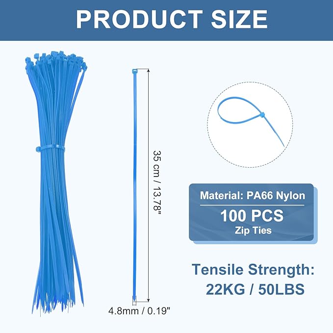 PATIKIL Cable Zip Ties 14 Inch, 100 Pcs Self-Locking Nylon Wire Tie Wraps Heavy Duty Cord Management with 50 lbs Tensile Strength for Indoor and Outdoor, Blue (0.2" W)