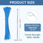 PATIKIL Cable Zip Ties 14 Inch, 100 Pcs Self-Locking Nylon Wire Tie Wraps Heavy Duty Cord Management with 50 lbs Tensile Strength for Indoor and Outdoor, Blue (0.2" W)