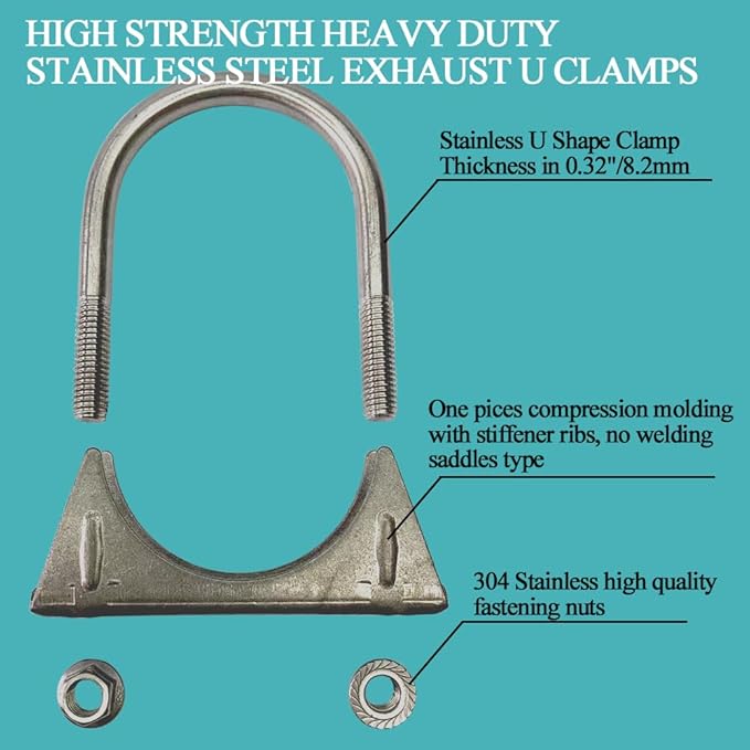 Universal Heavy Duty 1-1/2 Inch Stainless Exhaust U-Bolt Clamp, 1.5 Inch Muffler U Clamps Saddle Design with Reinforced Ribs