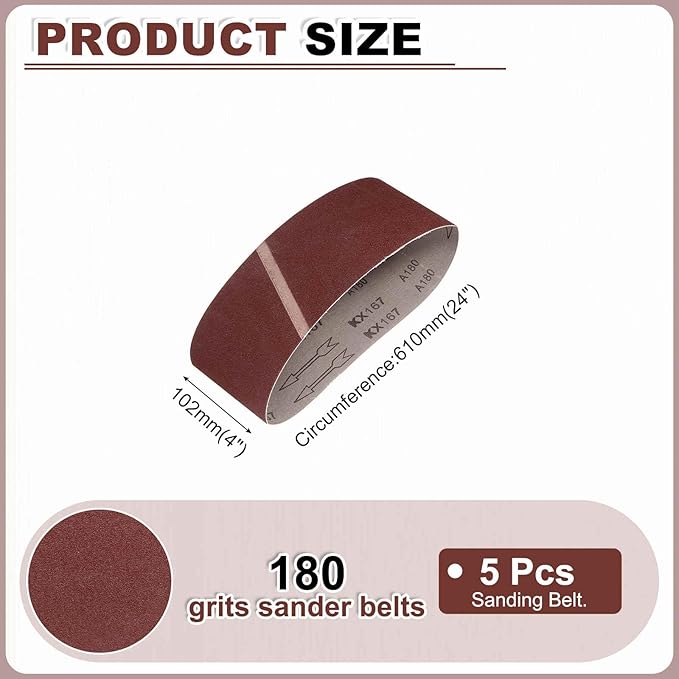 HARFINGTON 4 x 24 Inch Sanding Belts, 5 Pcs 180 Grits Aluminum Oxide Abrasive Belt Sander File Belt for Woodworking, Metal Polishing, Knife Sharpener