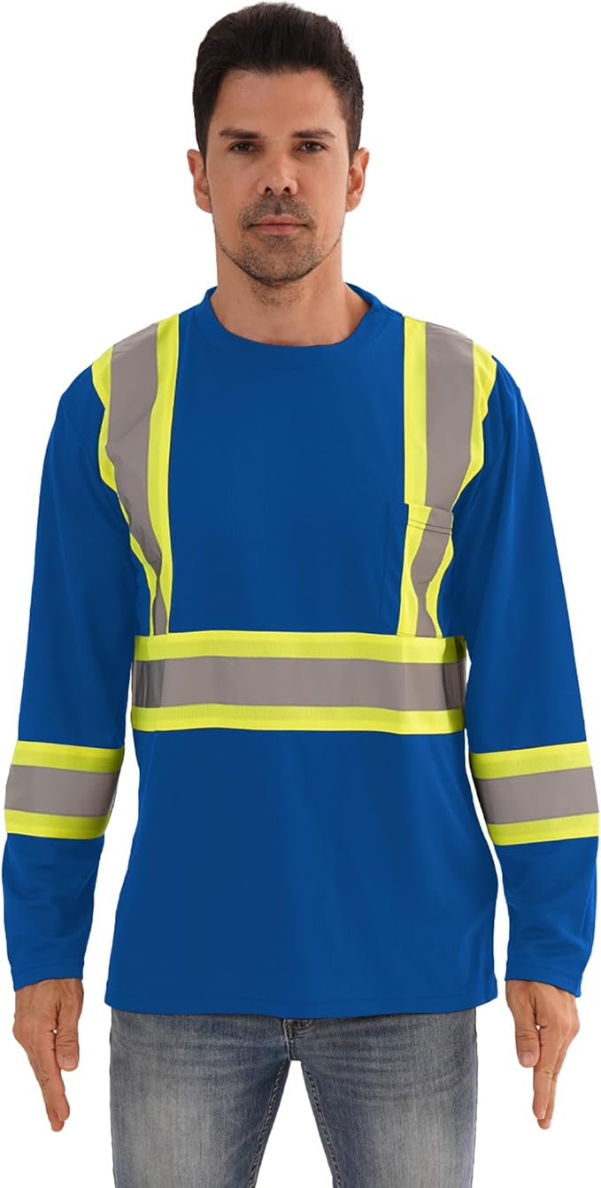 Hi Vis Safety Long Sleeve Shirts，High Visibility Class 3 T Shirts with Reflective Strips and Pocket, Quick Dry Mesh Construction Work Shirt for Men/Women (Blue,6XL)