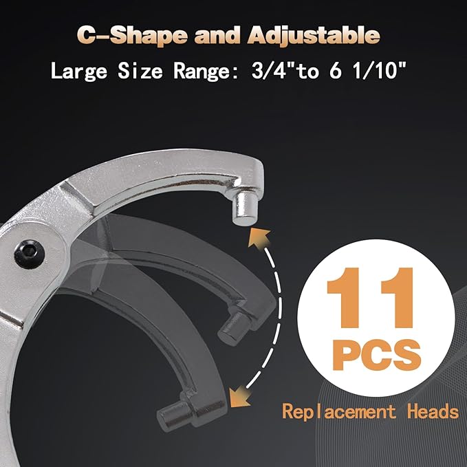 12pcs Adjustable Spanner Wrench Sets with Replaceable Head, C-Shape Pin Hook Wrench Tools for Pipes Heating Cars, Castle Buffer tube Nut Coilover Wrench for Suspension System, 3/4" to 6-1/10"