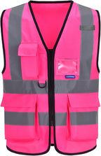 A-SAFETY 7 Pockets Hi Viz Zipper Front Working Safety Vest with Reflective Strips, Multiple Colors Available, Pink 4XL-5XL