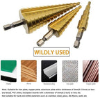 3 Pcs Straight Grooved Step Drill Bit Set, High Step Steel Titanium Drill Bits Set Power Tools 4-12/4-20/4-32mm Hex Shank Drive, HSS Cut Tool Set for Metal Wood Steel DIY Plastic