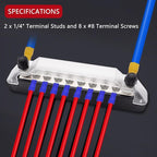 150A 12V Bus Bar Marine, 1/4" Power Distribution Block, Battery Buss Bar, Automotive Busbar Terminal Block for Car and Boat, 2 x 1/4" Posts, 8 x #8 Screws Terminals (Black+Red)