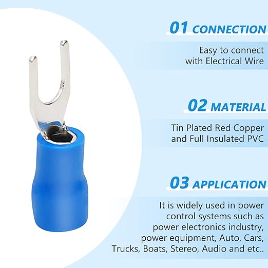 200 Pcs Insulated Fork Spade U-Type Wire Connectors, 16-14 AWG M4 Electrical Crimp Terminals, Stud Size #8 Size Blue Butt Connectors