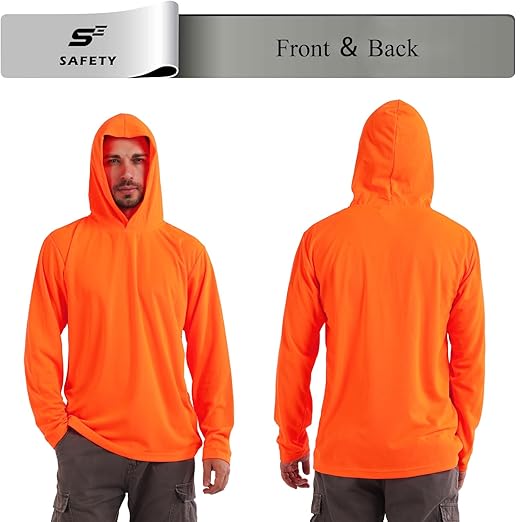 Breathable Work Long Sleeve Sun Shirt Hoodie, Sun Protection Shirts Quick Dry Hooded, Mens Construction Shirts with Hood Lightweight Orange M