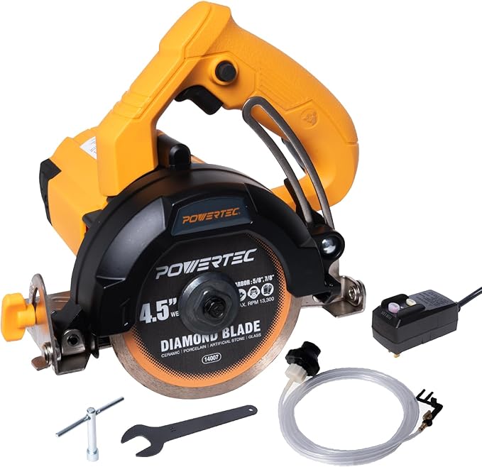POWERTEC 4.5" Handheld Tile Saw – 12Amp/1400W Motor, Wet/Dry Cutting with Adjustable Water Feed System, GFCI Plug, Bevel & Depth Adjustment, Compatible with 4"-4.5" Diamond Blades (HTS1045)