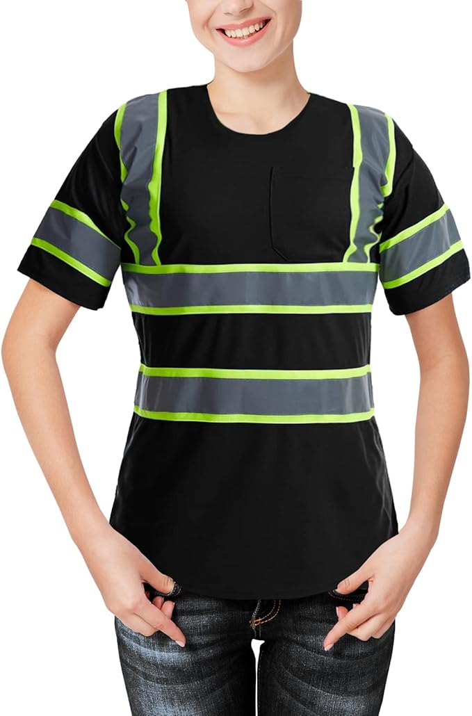 High Visibility Shirts Quick Dry Safety T Shirts with Reflective Strips and Pocket Short Sleeve Mesh Hi Vis Construction Work Class 2 Shirt for Men/Women Black,XL