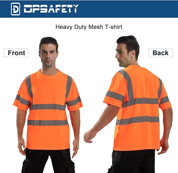 High Visibility Class 3 T Shirts，Hi Vis Safety Shirts with Reflective Strips and Pocket, Short Sleeve Quick Dry Mesh Construction Work Shirt for Men/Women Orange,5XL
