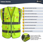 JKSafety 20 Pack 9 Pockets Class 2 High Visibility Zipper Front Safety Vest With Reflective Strips,Meets ANSI/ISEA Standard (Large, 156-Yellow)