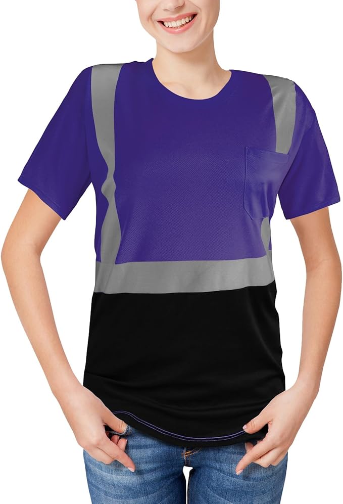 High Visibility Shirts Quick Dry Safety T Shirts with Reflective Strips and Pocket Short Sleeve Mesh Hi Vis Construction Work Class 2 Shirt for Men/Women Black Bottom Purple,4XL