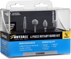 Kutzall 4-Piece Rotary Burr Kit - 1⁄8" Shaft, Coarse - Wood Carving Bits for Dremel, Foredom, Ryobi, DeWalt, Milwaukee Tools - Structured Tungsten Carbide