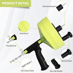 Drain Snake 50 Ft, Plumbing Snake for Sink with Drill Attachment, Snake Drain Clog Remover for Shower Drain and Sink, Manual or Powered Use, Comes with Gloves and Storage Bag, 1/4 Inch, Light Green