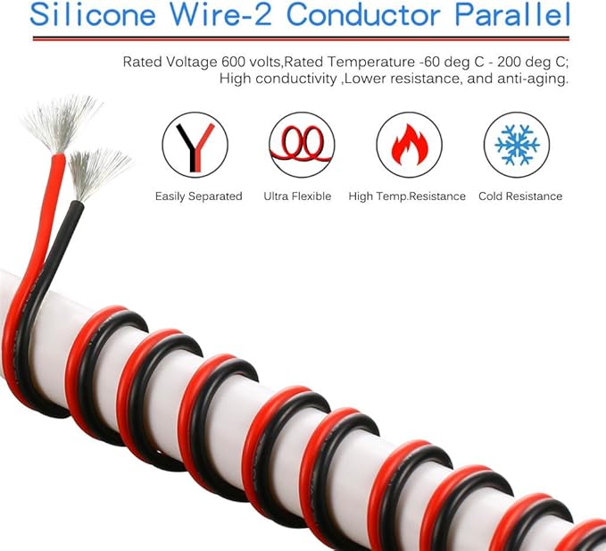 BNTECHGO 16 Gauge Flexible 2 Conductor Parallel Silicone Wire Spool Red Black High Resistant 200 deg C 600V for Single Color LED Strip Extension Cable Cord,Model,25ft Stranded Tinned Copper Wire
