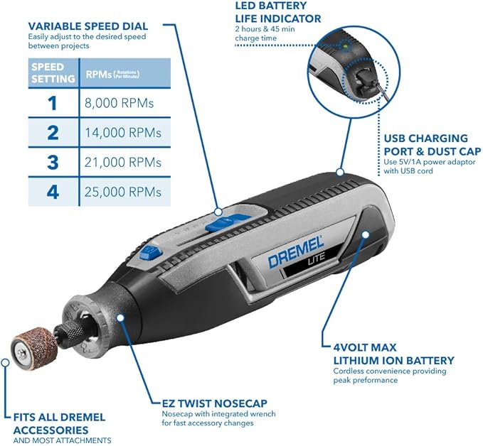 Dremel Lite 7760 N/10 4V Li-Ion Cordless Rotary Tool Bundle with Dremel 4486 Keyless Chuck