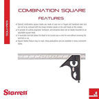Starrett Steel Combination Square with Square Head and SLC - 12" Blade Length, Forged and Hardened Steel Heads, Reversible Lock Bolt, Scriber, Spirit Level, 4R Graduation Type - C33H-12-4RW/SLC