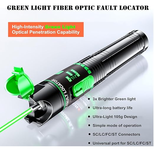 Green Light Fiber Optic Tester - Visual Fault Locator, 510nm Wavelength, Compatible with SC/FC/ST/LC Interfaces, Ideal for Network Maintenance & Data Center Technicians.