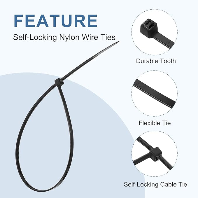 PATIKIL Cable Zip Ties 8 Inch, 100 Pcs Self-Locking Nylon Wire Tie Wraps Heavy Duty Cord Management with 50 lbs Tensile Strength for Indoor and Outdoor, Black (0.1"W)