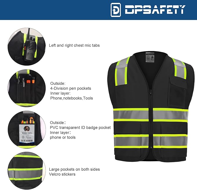 9 Pocket Hi Vis Safety Vest with Reflective Strips & Zipper Closure - Black, XL