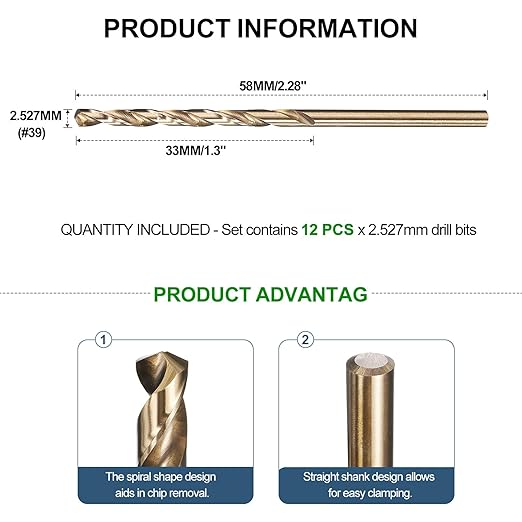 METALLIXITY Drill Bit (#39) 12Pcs, M2 High-Speed Steel Micro Number Bits Spiral Flute 135°Point Tip Gold Finish for Stainless Steel Iron Copper Aluminum Hard Metal