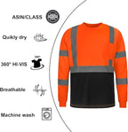 High Visibility Class 3 T Shirts，Hi Vis Safety Shirts with Reflective Strips and Pocket, Long Sleeve Quick Dry Mesh Construction Work Shirt for Men/Women Black Bottom Orange,Small