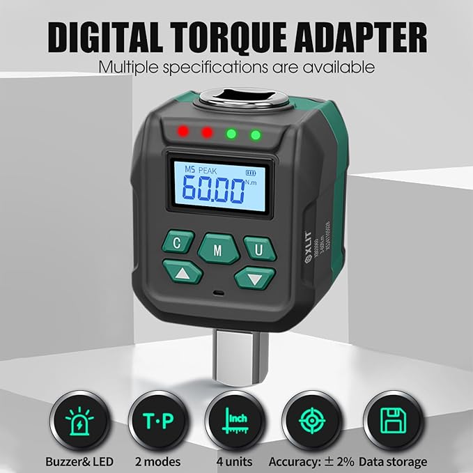 1/2-Inch Drive Digital Torque Adapter, 2.2-44.2 ft-lb (3-60 Nm), ±2% Accuracy - Electronic Torque Meter Gauge & Checker with Buzzer & LED Alerts for Automotive, Motorcycle, Bicycle Repair