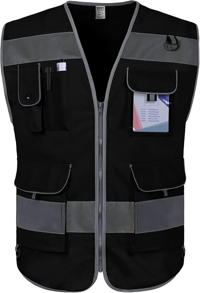 TCCFCCT Safety Vest for Men Women, 9 Pockets High Visibility Reflective Safety Vest, Hi Vis Construction Vest with Reflective Strips, Meets ANSI/ISEA Standards, (Black, Small)