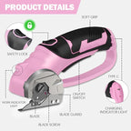 Cordless Electric Scissors, 4V Box Cutter & Cardboard Cutter with 2 Titanium Blades - Rotary Cutter with LED Light for Fabric, Leather, Carpet, Plastic, Crafting + Storage Case (Pink)